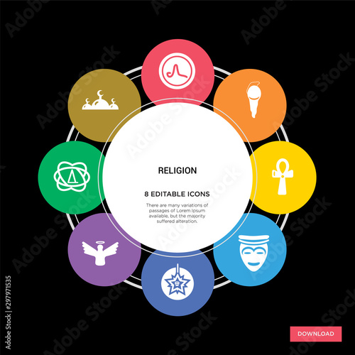 8 religion concept icons infographic design. religion concept infographic design on black background