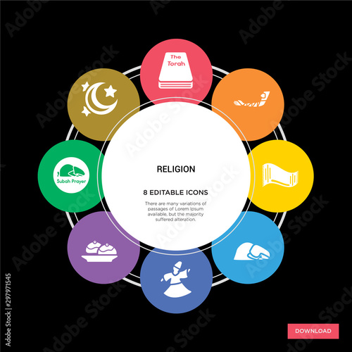 8 religion concept icons infographic design. religion concept infographic design on black background