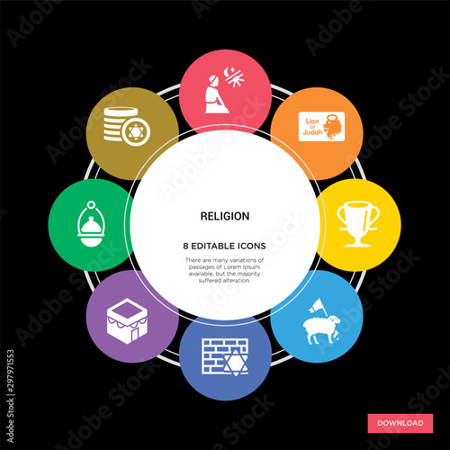 8 religion concept icons infographic design. religion concept infographic design on black background