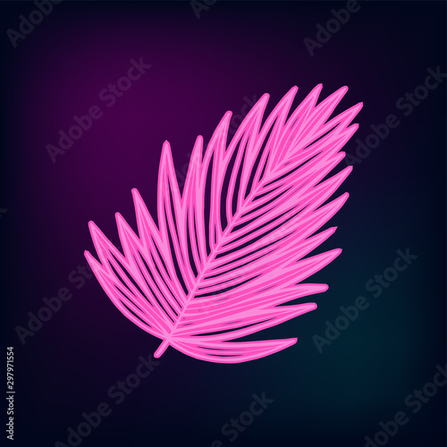 Tropical neon leaf. Vector isolated illustration on dark background.