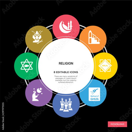 8 religion concept icons infographic design. religion concept infographic design on black background