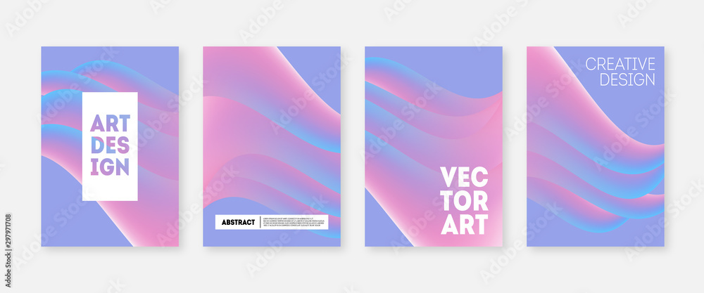 Pastel soft wavy cover set. Pink and blue gradient waves poster template