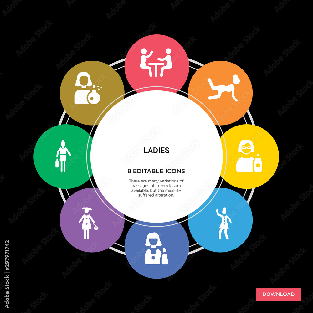 8 ladies concept icons infographic design. ladies concept infographic design on black background 8 ladies concept icons infographic design. ladies concept infographic design on black background