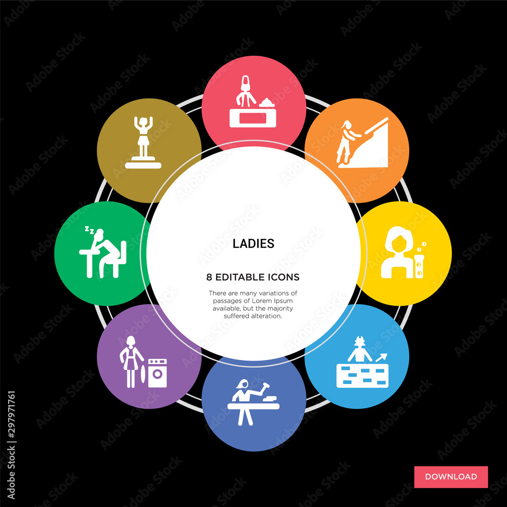 8 ladies concept icons infographic design. ladies concept infographic design on black background 8 ladies concept icons infographic design. ladies concept infographic design on black background