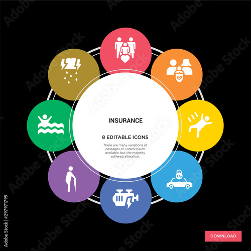 8 insurance concept icons infographic design. insurance concept infographic design on black background photo