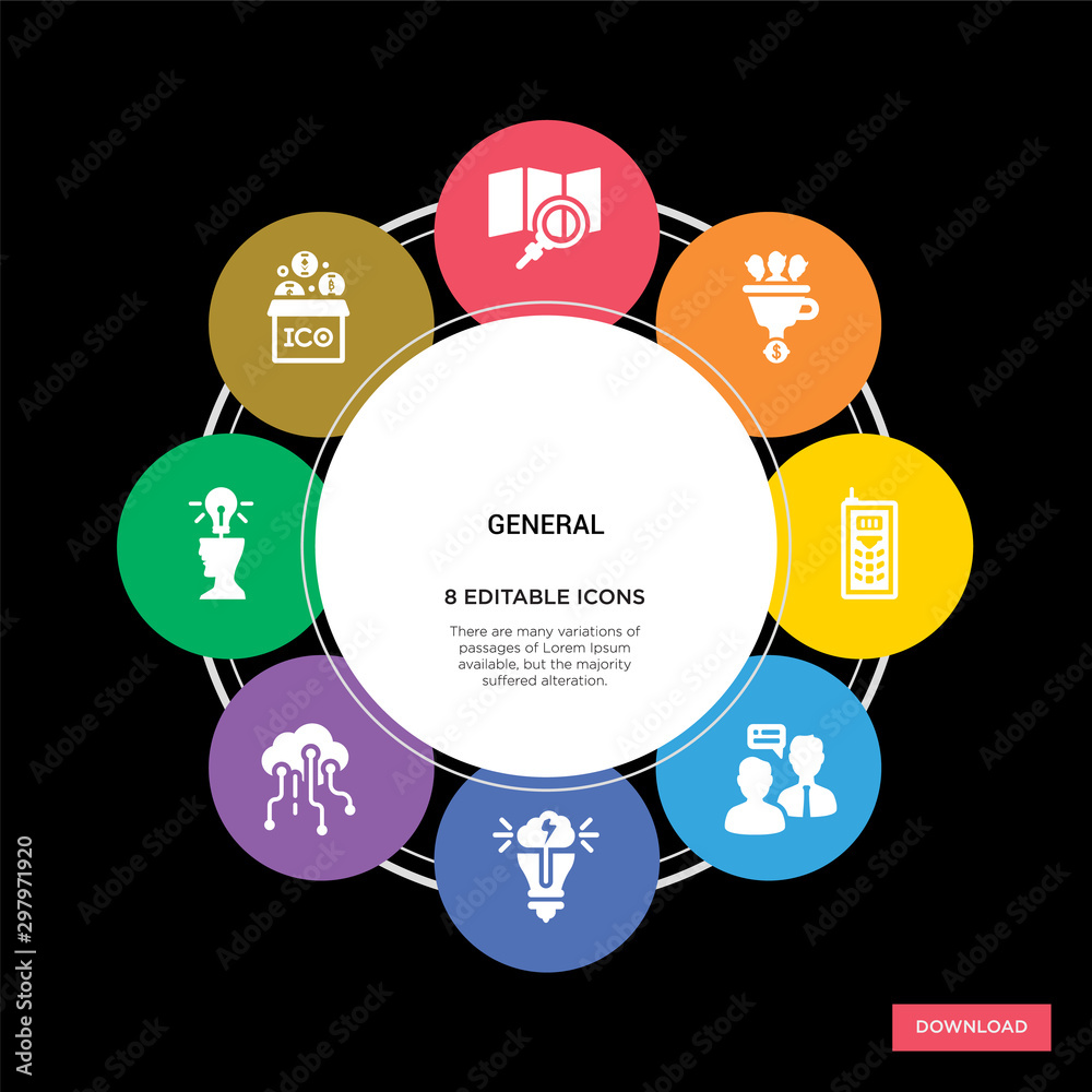 8 general concept icons infographic design. general concept infographic design on black background 8 general concept icons infographic design. general concept infographic design on black background