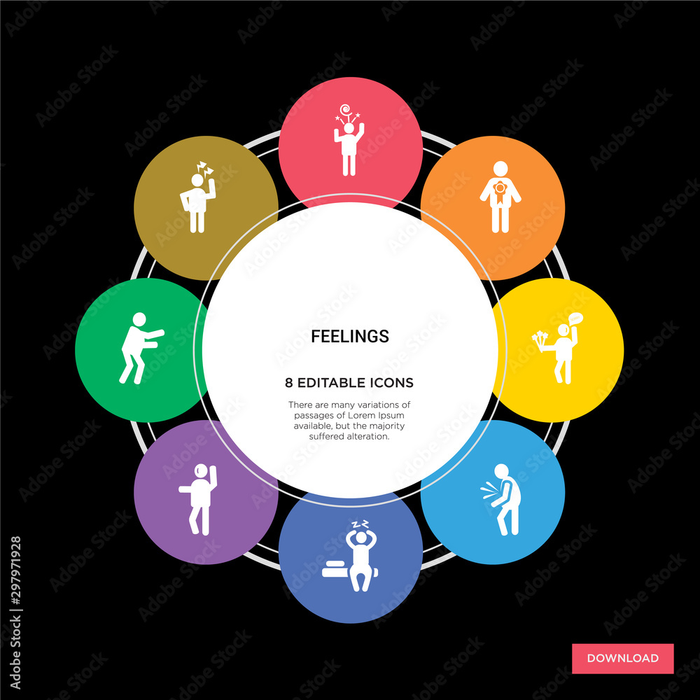 8 feelings concept icons infographic design. feelings concept infographic design on black background 8 feelings concept icons infographic design. feelings concept infographic design on black background