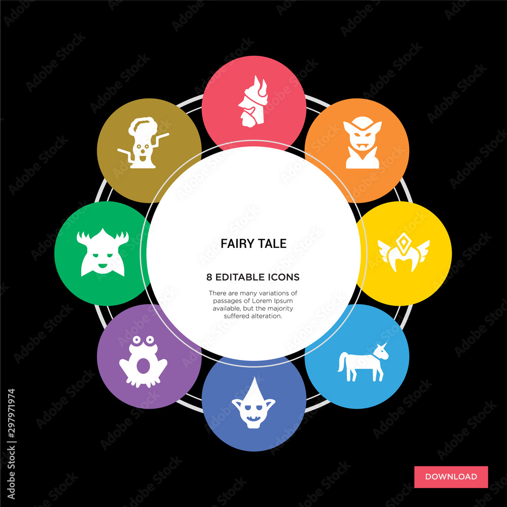 8 fairy tale concept icons infographic design. fairy tale concept infographic design on black background 8 fairy tale concept icons infographic design. fairy tale concept infographic design on black background