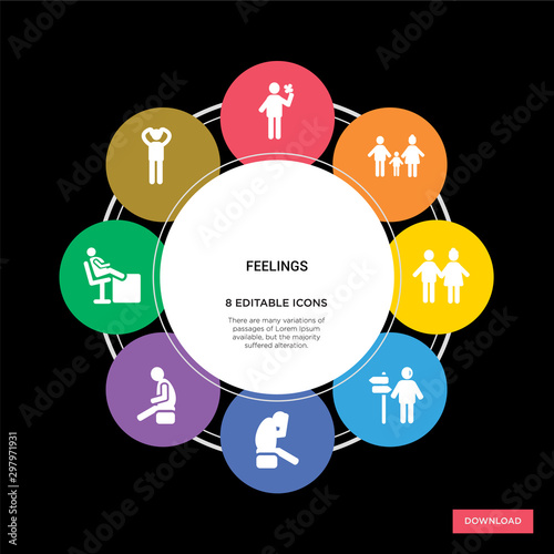 8 feelings concept icons infographic design. feelings concept infographic design on black background