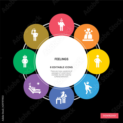 8 feelings concept icons infographic design. feelings concept infographic design on black background