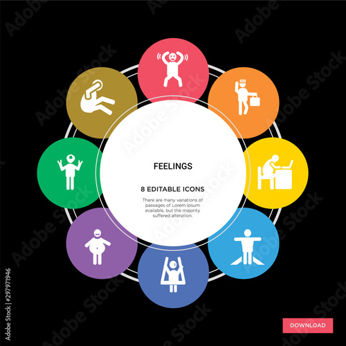 8 feelings concept icons infographic design. feelings concept infographic design on black background
