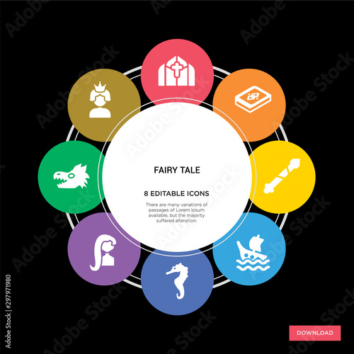 8 fairy tale concept icons infographic design. fairy tale concept infographic design on black background