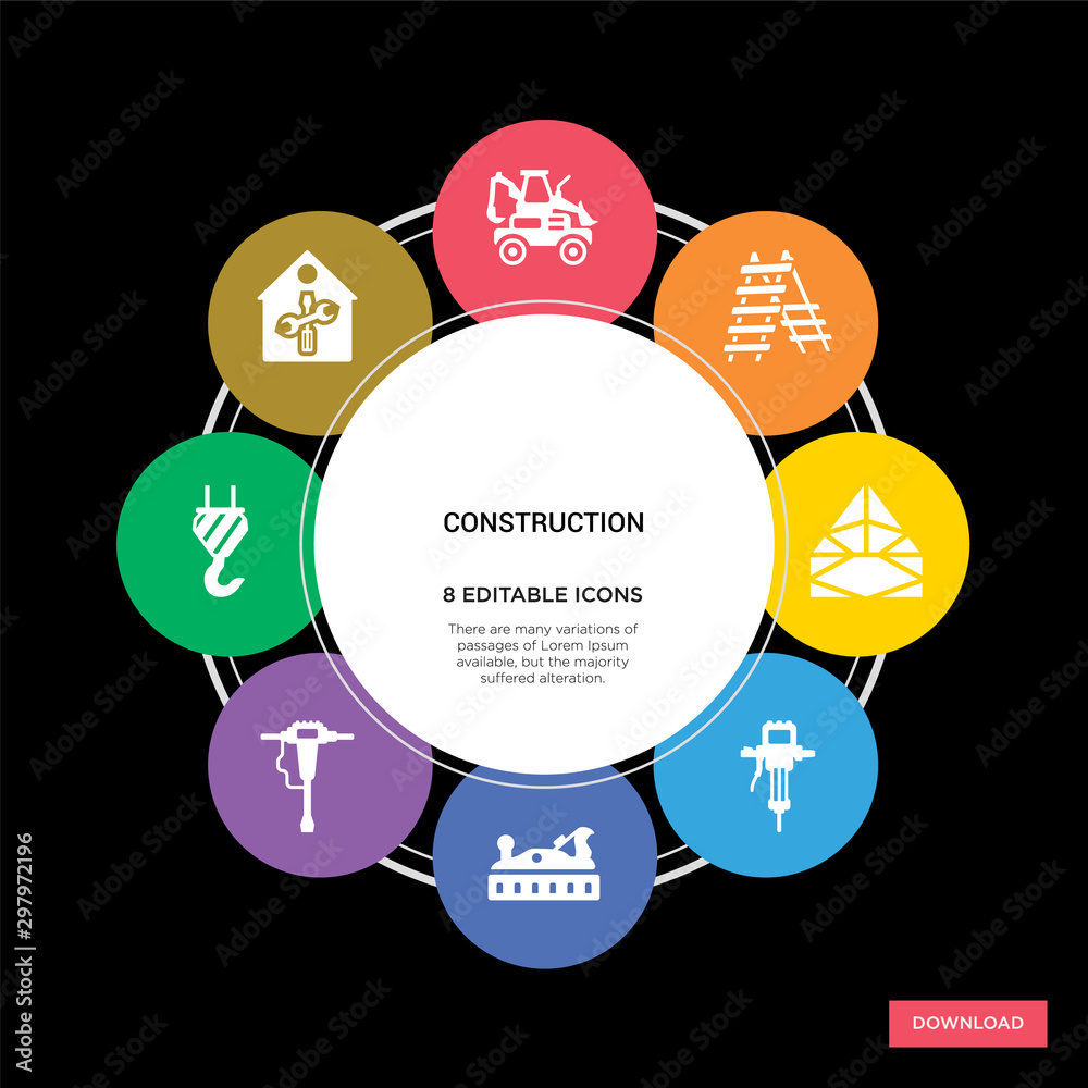 8 construction concept icons infographic design. construction concept infographic design on black background 8 construction concept icons infographic design. construction concept infographic design on black background