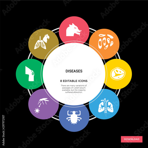 8 diseases concept icons infographic design. diseases concept infographic design on black background