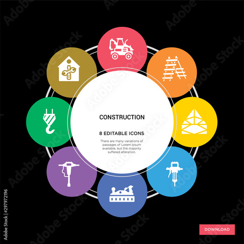 8 construction concept icons infographic design. construction concept infographic design on black background