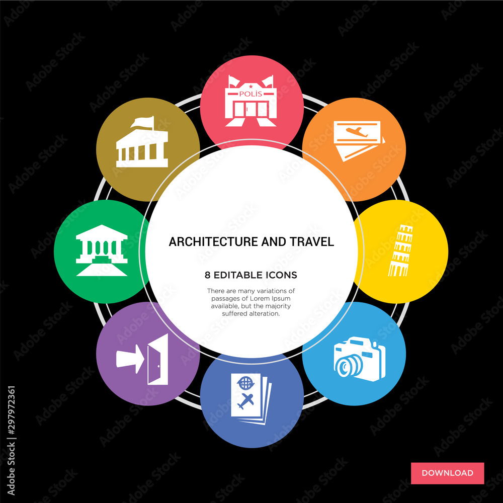 8 architecture and travel concept icons infographic design. architecture and travel concept infographic design on black background 8 architecture and travel concept icons infographic design. architecture and travel concept infographic design on black background
