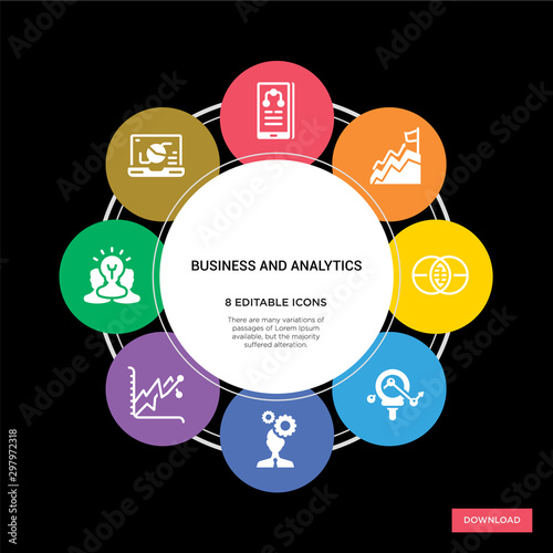 8 business and analytics concept icons infographic design. business and analytics concept infographic design on black background