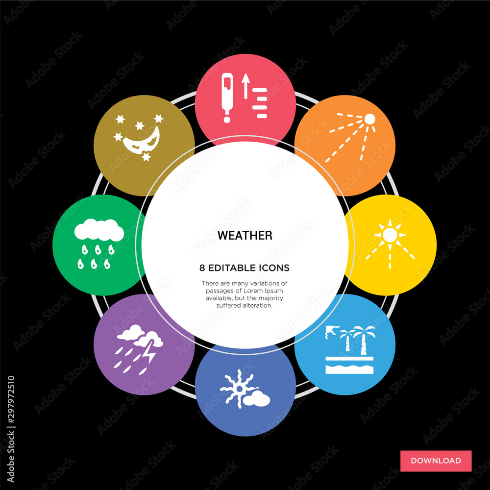 8 weather concept icons infographic design. weather concept infographic design on black background 8 weather concept icons infographic design. weather concept infographic design on black background