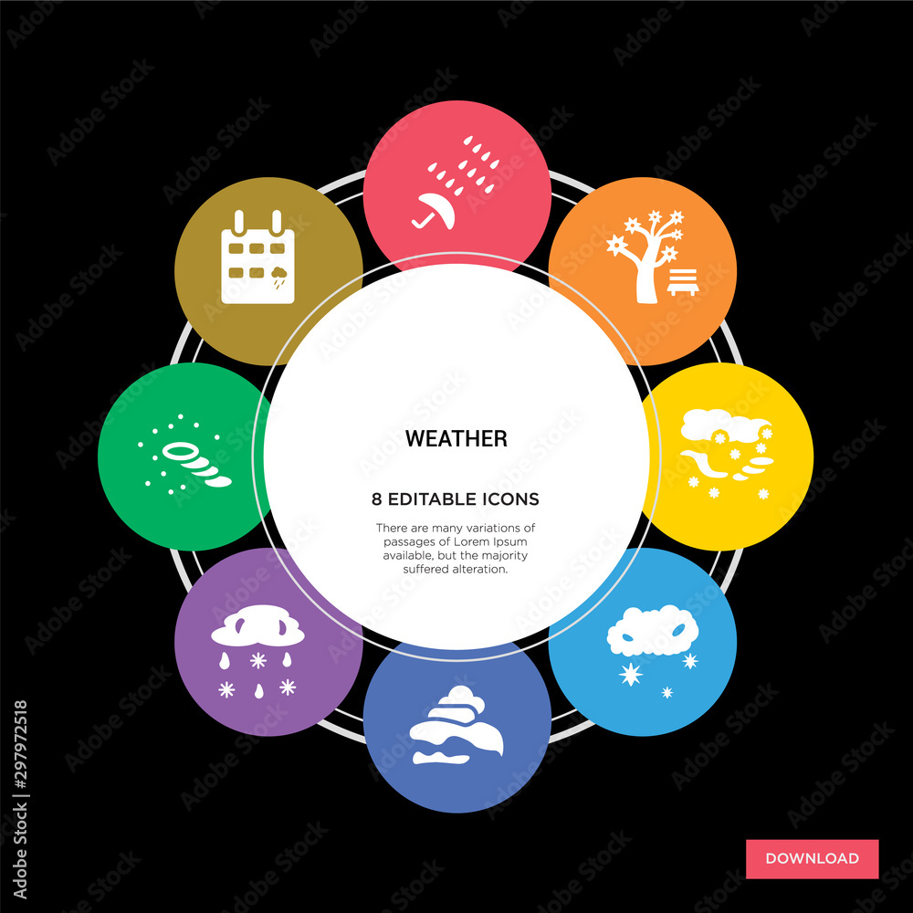 8 weather concept icons infographic design. weather concept infographic design on black background 8 weather concept icons infographic design. weather concept infographic design on black background
