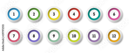 Circle 3d icon set with number bullet point from 1 to 12. 