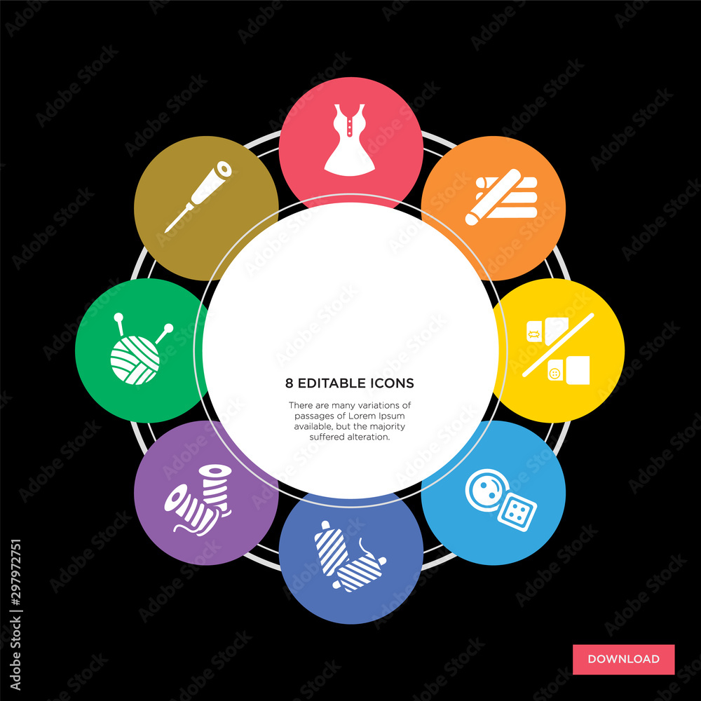 8 sew concept icons infographic design. sew concept infographic design on black background 8 sew concept icons infographic design. sew concept infographic design on black background