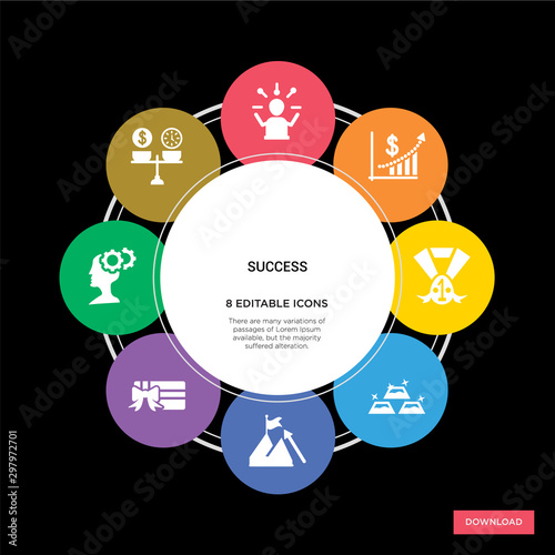 8 success concept icons infographic design. success concept infographic design on black background