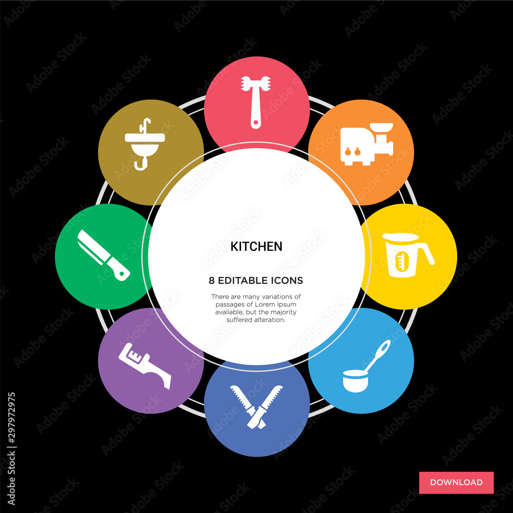 8 kitchen concept icons infographic design. kitchen concept infographic design on black background 8 kitchen concept icons infographic design. kitchen concept infographic design on black background
