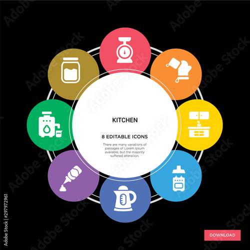 8 kitchen concept icons infographic design. kitchen concept infographic design on black background