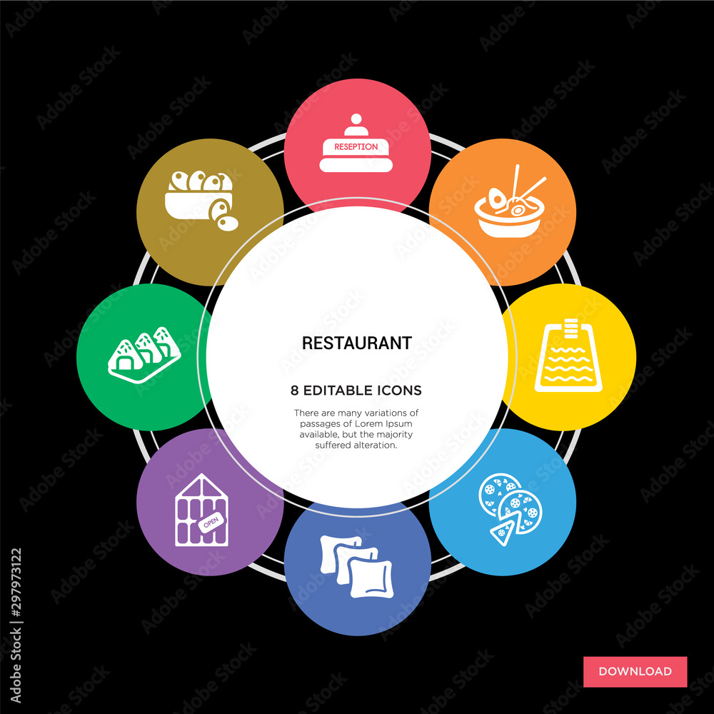 8 restaurant concept icons infographic design. restaurant concept infographic design on black background 8 restaurant concept icons infographic design. restaurant concept infographic design on black background