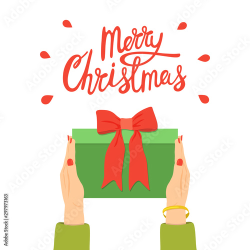 Merry Christmas congratulation. Female hands holding gift box with bow. Give a gift concept. Hand drawn vector illustration.