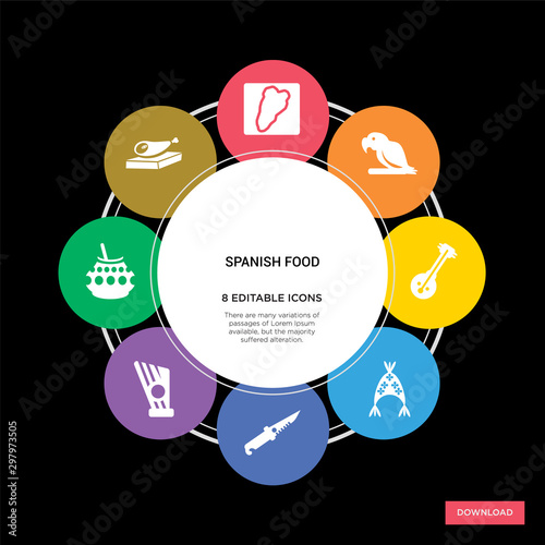 8 spanish food concept icons infographic design. spanish food concept infographic design on black background
