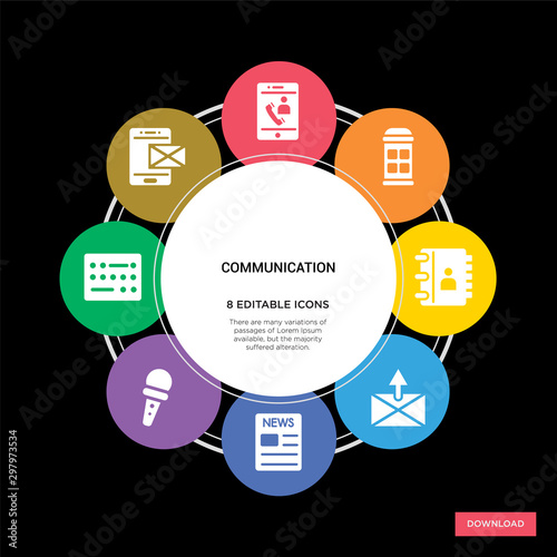 8 communication concept icons infographic design. communication concept infographic design on black background