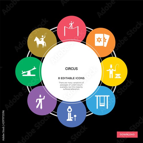 8 circus concept icons infographic design. circus concept infographic design on black background