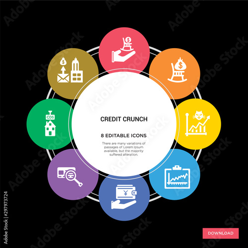 8 credit crunch concept icons infographic design. credit crunch concept infographic design on black background