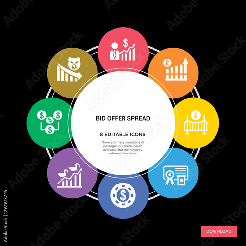 8 bid offer spread concept icons infographic design. bid offer spread concept infographic design on black background