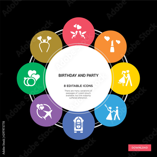 8 birthday and party concept icons infographic design. birthday and party concept infographic design on black background