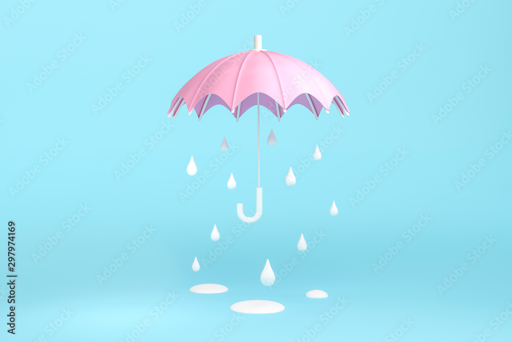 Rain under the pink umbrella on blue background 3d rendering. 3d illustration minimal style concept. Rainny season. - obrazy, fototapety, plakaty 