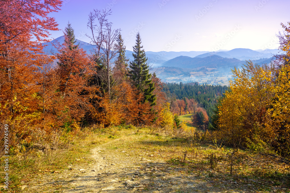 Autumn in the mountains. Panoramic view of the mountains and the valley in autumn. Beautiful nature landscape. Carpathian mountains. Bukovel, Ukraine - obrazy, fototapety, plakaty 