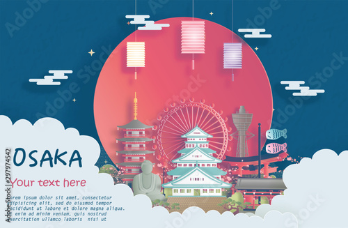 Travel poster of world famous landmarks of Osaka, Japan in paper cut style vector illustration