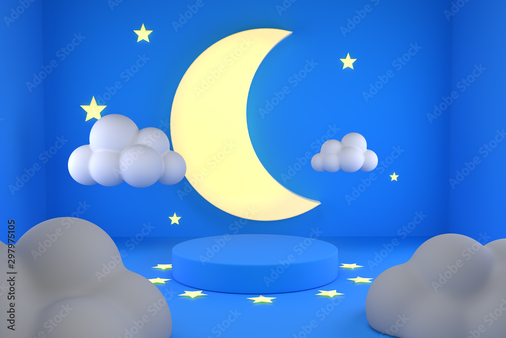 night moon room background with podium 3d render and cloud night moon room background with podium 3d render and cloud