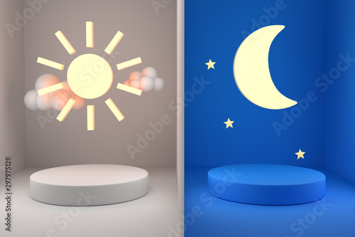 Day sun and night moon room background with podium 3d render