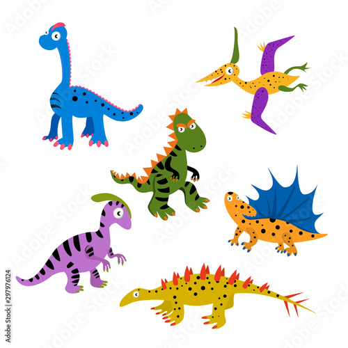 Fototapeta Naklejka Na Ścianę i Meble -  Funny vector collection of dinosaurs. Ideal for kids print, textile.