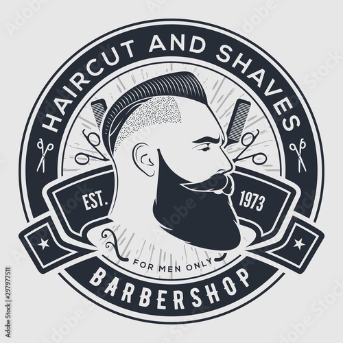 Barbershop poster, banner template with hipster face. Vector illustration