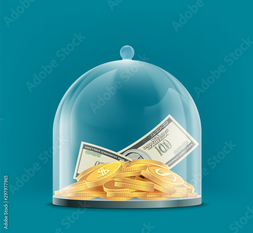 Dollar currency coins under a glass dome. Save money