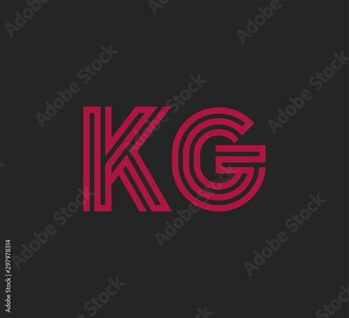 Initial two letter red line shape logo on black vector KG