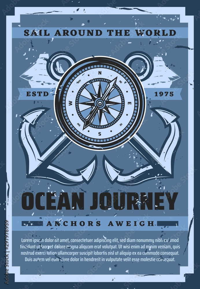 Fotografie Ocean journey, ship anchor and compass