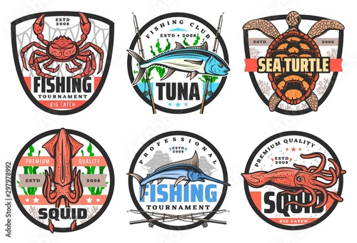 Fishing and fisher club icons, labels, symbols