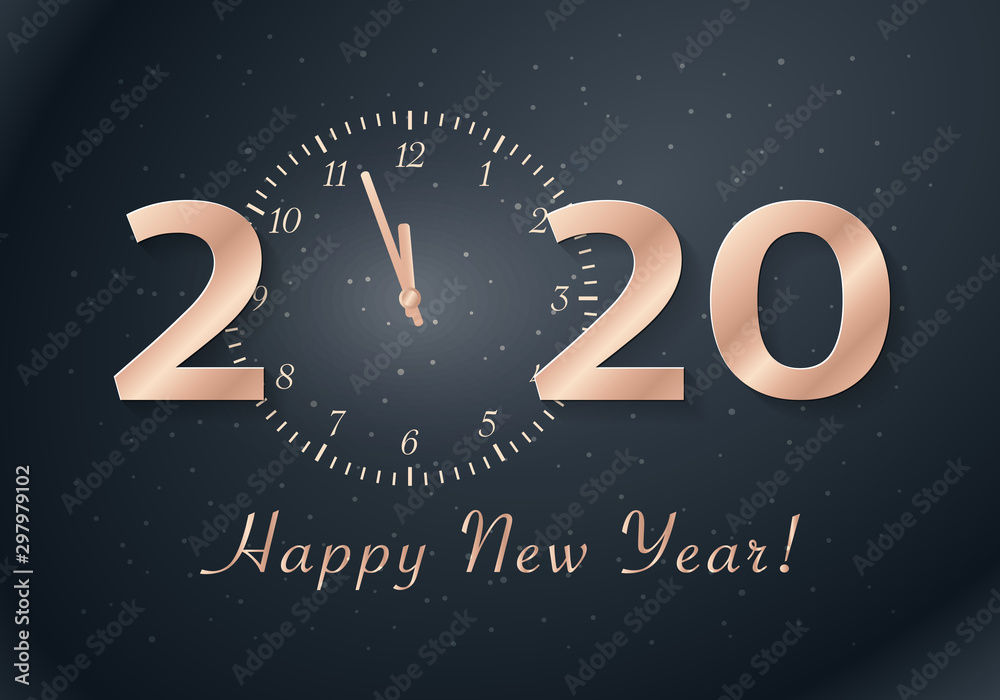 Happy New Year 2020 design with clock. Vector black christmas greeting Happy New Year 2020 design with clock. Vector black christmas greeting