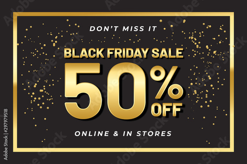 Black friday sale banner with gold color on dark background . Social media banner template, voucher, discount, season sale