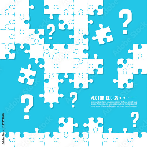 Vector abstract background with unfinished jigsaw puzzle pieces. Question mark and symbol. Problem solving concept.